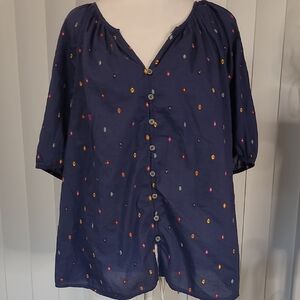 Style & CO Navy Button-Up Blouse with Colorful Embroidery